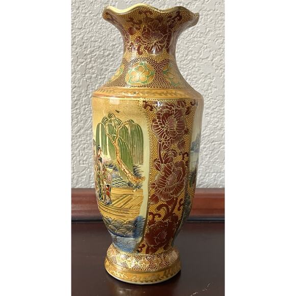 Vintage Japanese Satsuma Moriage Vase 10” Hand Painted Geisha Scene - Picture 4 of 8